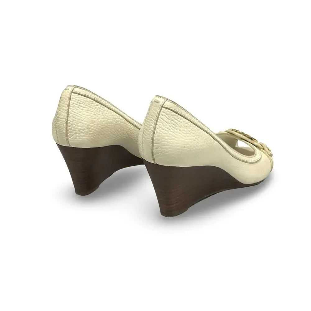 Tory Burch Leticia Peep Toe Wedge Heels Shoes Size 7.5 Ivory White Leather
